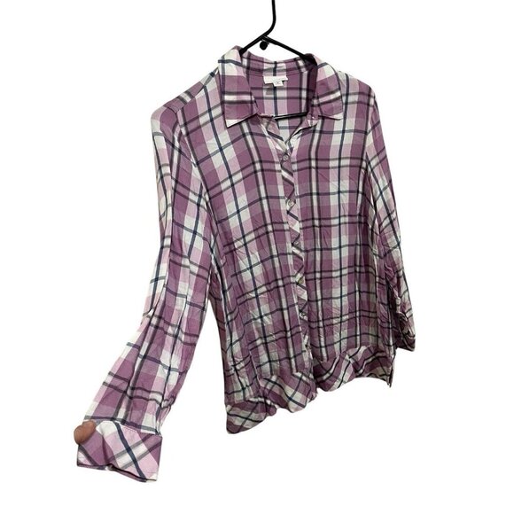 J. Jill Women's MP Purple Plaid Top Tunic Shirt Button Front Long Sleeve Light - Picture 2 of 4
